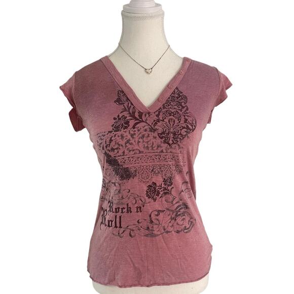 F.A.N.G Size Medium Vintage Henley Fitted Burn Out Rock Baby Tee Super Soft - Picture 1 of 5